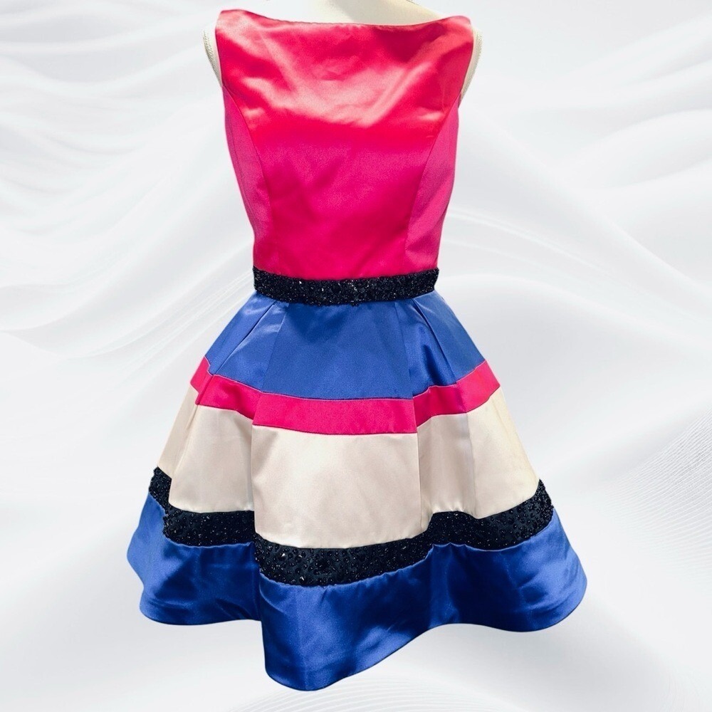 Sherry Hill Colorblock Pink Blue White Black Beaded Short Satin Size 8